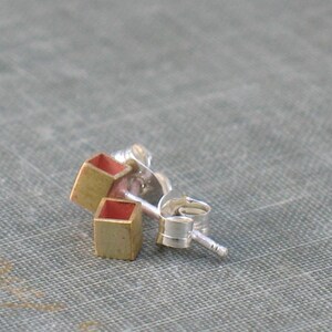 Tiny Brass Cube Studs: Geometric Sterling Silver Posts