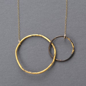 Interlocking Circles Necklace- black steel & 23k gold- asymmetric interlocking rings necklace, gold circle necklace organic hoop necklace