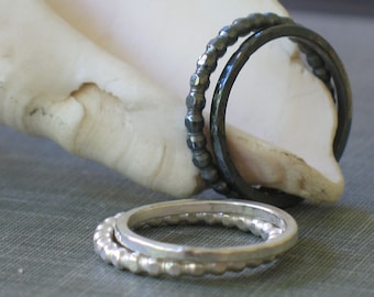 Anillos de apilamiento de plata de ley: conjunto de 2 bandas: conjunto de anillos rústicos, conjunto de anillos de plata delgados, conjunto de anillos oxidados, anillos cotidianos, conjunto de anillos delicados