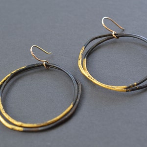 Steel & Gold Thick Hoop Earrings black and gold large hoops, gold dipped hand hammered hoops, hand forged blackened steel gypsy earrings image 2