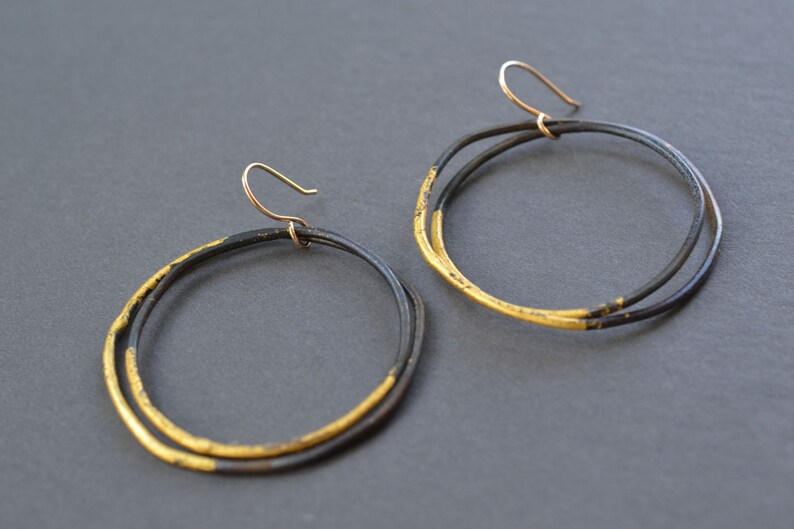 Steel & Gold Thick Hoop Earrings black and gold large hoops, gold dipped hand hammered hoops, hand forged blackened steel gypsy earrings image 2