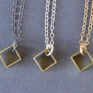 Petite Milgrain Square Pendant minimalist gold square pendant, delicate cube layering necklace, dainty everyday square necklace image 1