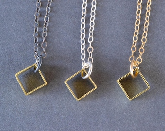 Petite Milgrain Square Pendant- minimalist gold square pendant, delicate cube layering necklace, dainty everyday square necklace