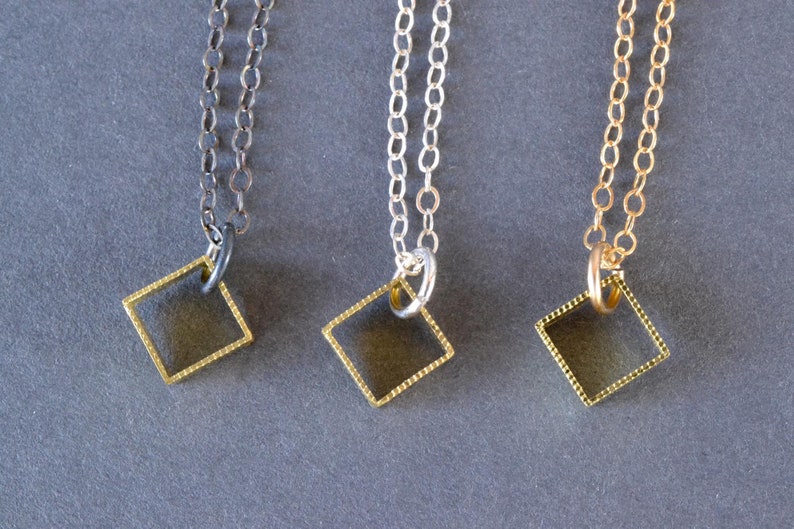 Petite Milgrain Square Pendant minimalist gold square pendant, delicate cube layering necklace, dainty everyday square necklace image 1