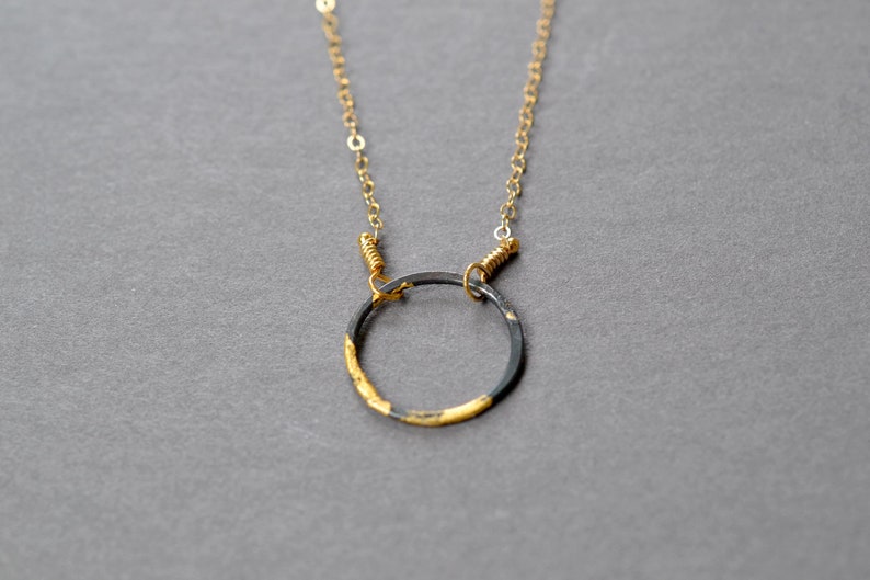 Steel and Gold Eternity Necklace black and gold dipped circle necklace layering necklace, karma necklace, minimalist necklace image 4