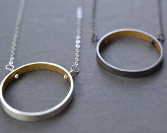 Wide Silver and Gold Circle Necklace- contemporary circle, minimal necklace, geometric circle, modern circle, eternity necklace