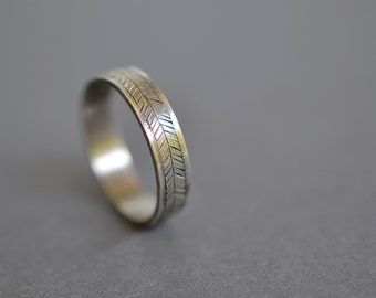 Hand Engraved Chevron Pattern Silver Wedding Ring- 4mm wide engraved sterling silver ring, unique wedding band with feather pattern