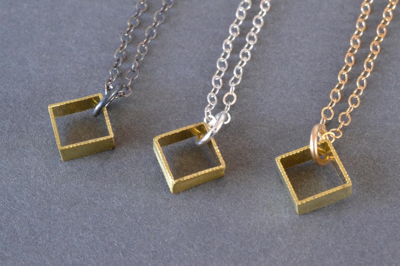 Petite Milgrain Square Pendant minimalist gold square pendant, delicate cube layering necklace, dainty everyday square necklace image 3