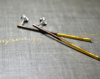 Long Steel and Gold Stick Earrings- minimal earrings, long line earrings, modern bar, gold dipped, long bar earrings, industrial earrings