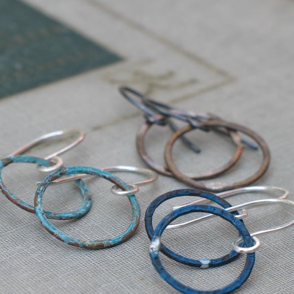 Small Patina Hoops- boho thin hoops, open circle earrings, small hoop earrings, hand hammered hoops, wabi sabi hoops, dainty hoops