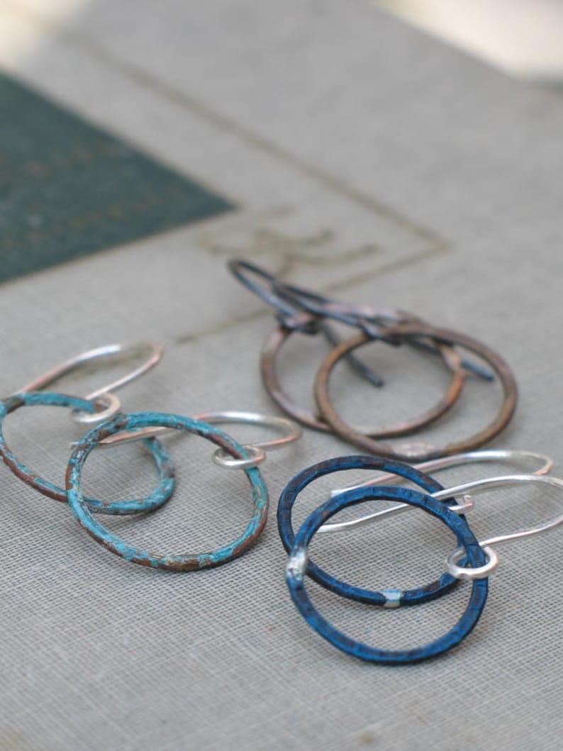 Small Patina Hoops boho thin hoops, open circle earrings, small hoop earrings, hand hammered hoops, wabi sabi hoops, dainty hoops image 1