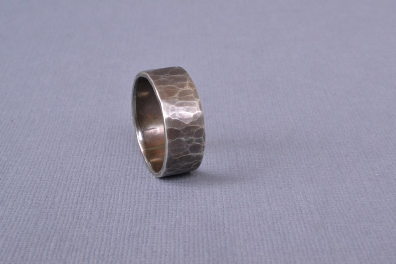 8mm Wide Hammered Silver Ring rustic wedding band, textured ring, wide band ring, mens silver ring, oxidized silver ring, mens wedding band image 7