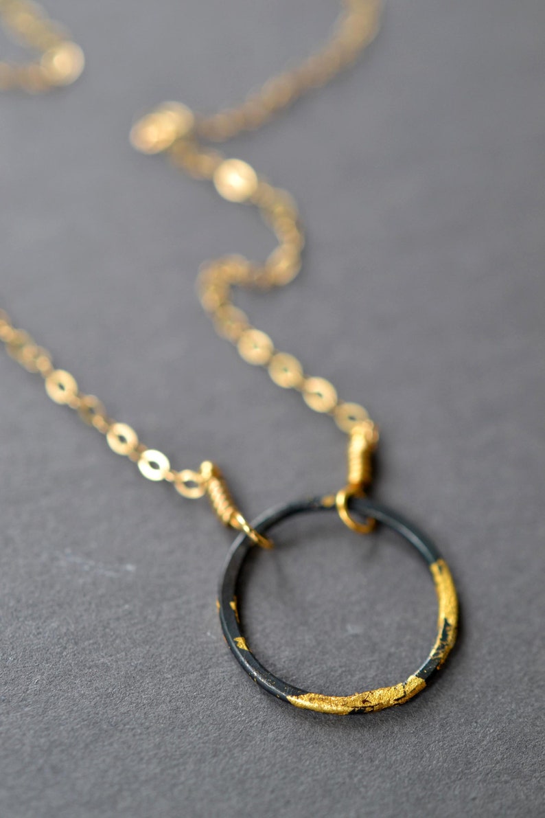 Steel and Gold Eternity Necklace black and gold dipped circle necklace layering necklace, karma necklace, minimalist necklace image 1