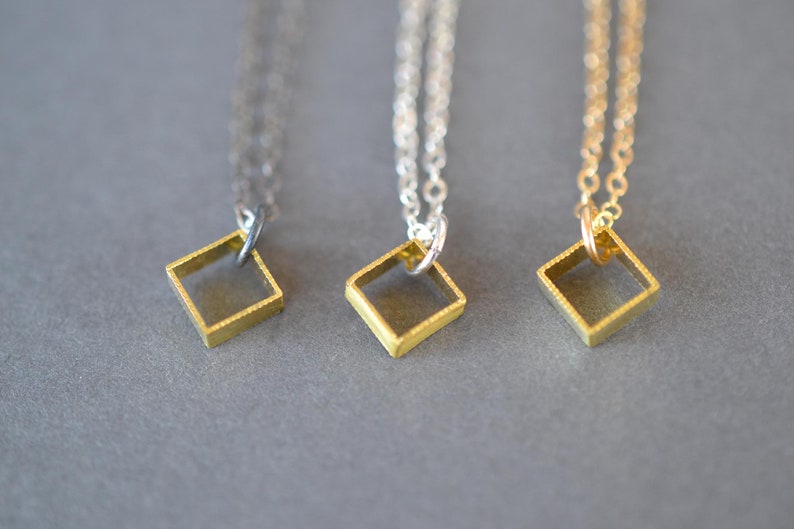 Petite Milgrain Square Pendant minimalist gold square pendant, delicate cube layering necklace, dainty everyday square necklace image 2