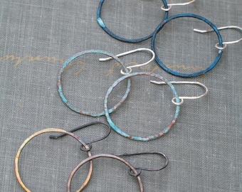 Medium Patina Hoops- verdigris hoops, blue patina earrings antiqued brass boho thin hoops open hoop earrings hammered hoops copper patina