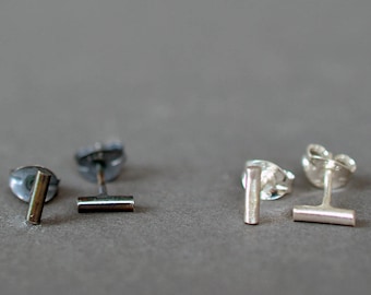 Tiny Bar Stud Earrings- minimalist silver bar second hole earrings