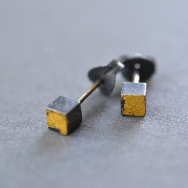 Two-Tone Cube Studs: 23k Gold Leaf & Sterling Silver Earrings