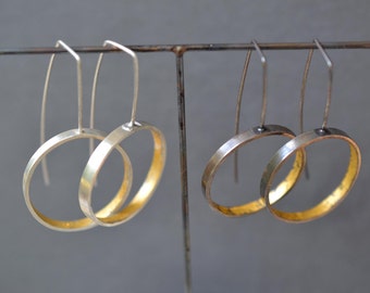 Modern Hoop Earrings- silver and gold- minimalist earrings, long hoop earrings, contemporary drop earrings, geometric earrings