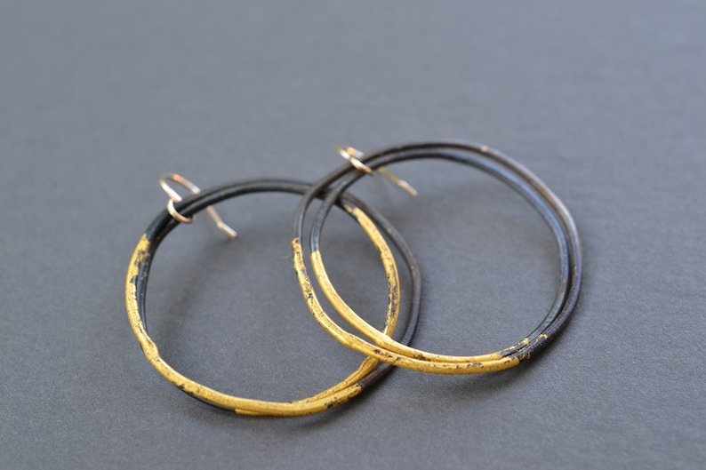 Steel & Gold Thick Hoop Earrings black and gold large hoops, gold dipped hand hammered hoops, hand forged blackened steel gypsy earrings image 1