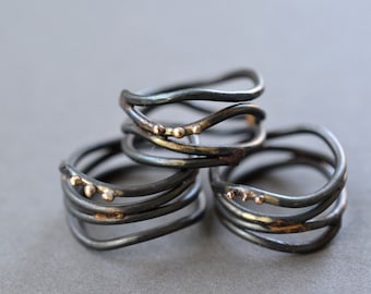 Linear Wrap Around Ring- hand forged blackened steel and reclaimed gold, black wide ring, industrial wrap ring, statement ring