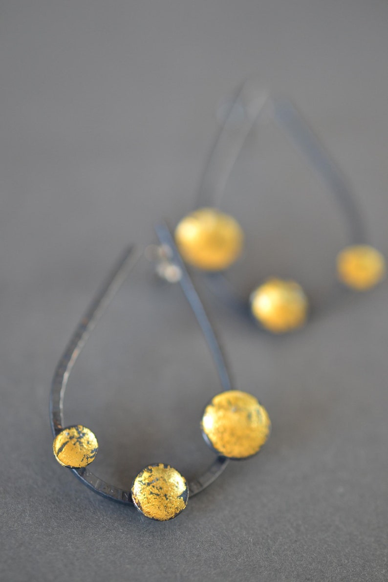Gold Pool Open Teardrop Earrings Sterling silver and 23k gold contemporary statement earrings, post earrings, black and gold, oxidized image 3
