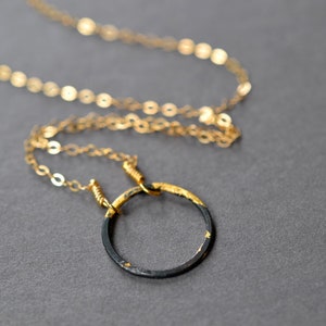 Steel and Gold Eternity Necklace black and gold dipped circle necklace layering necklace, karma necklace, minimalist necklace image 2