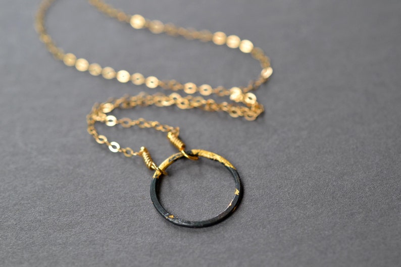 Steel and Gold Eternity Necklace black and gold dipped circle necklace layering necklace, karma necklace, minimalist necklace image 2