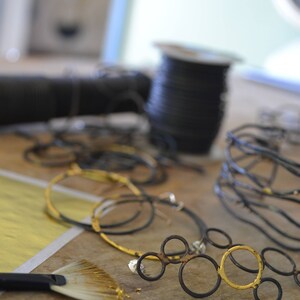 Steel & Gold Thick Hoop Earrings black and gold large hoops, gold dipped hand hammered hoops, hand forged blackened steel gypsy earrings image 3