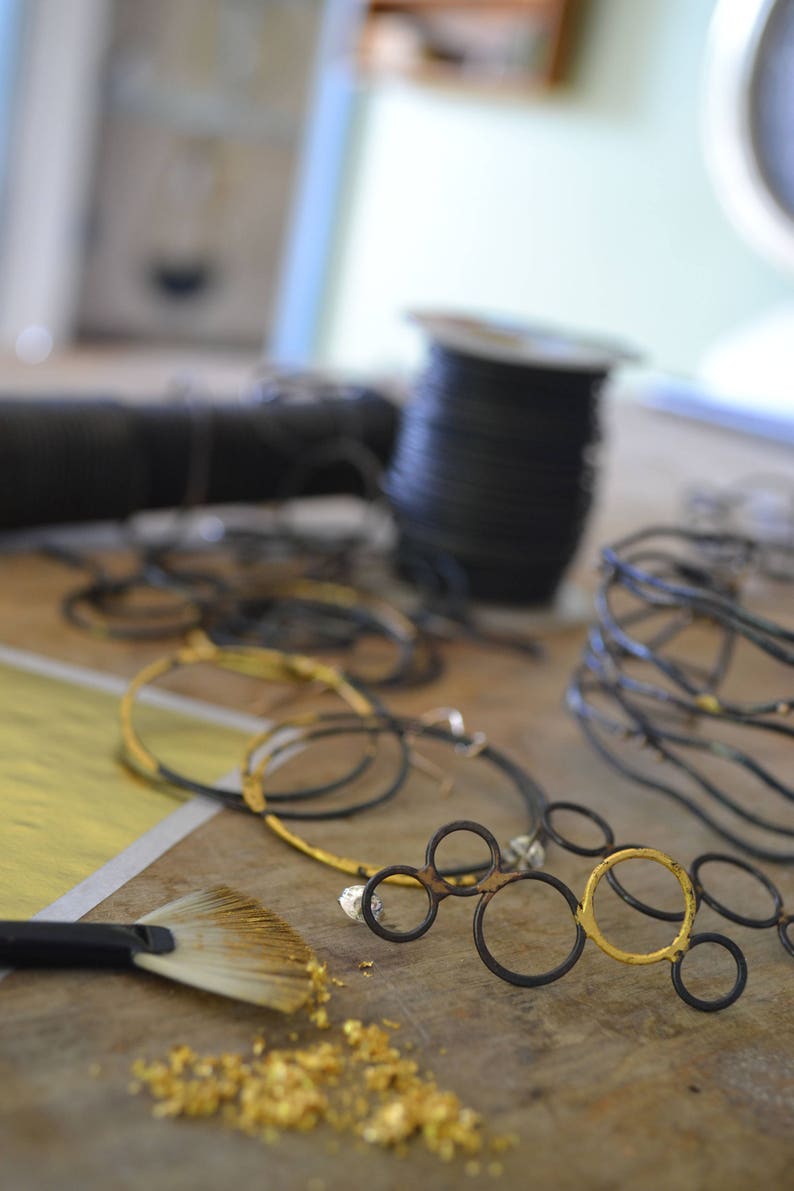 Steel & Gold Thick Hoop Earrings black and gold large hoops, gold dipped hand hammered hoops, hand forged blackened steel gypsy earrings image 3