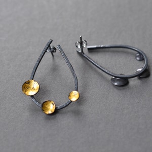 Gold Pool Open Teardrop Earrings Sterling silver and 23k gold contemporary statement earrings, post earrings, black and gold, oxidized image 6