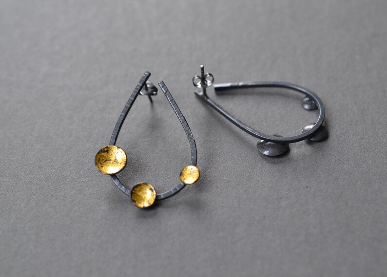 Gold Pool Open Teardrop Earrings Sterling silver and 23k gold contemporary statement earrings, post earrings, black and gold, oxidized image 6