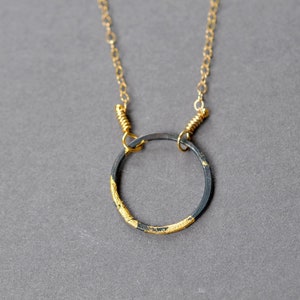 Steel and Gold Eternity Necklace black and gold dipped circle necklace layering necklace, karma necklace, minimalist necklace image 3