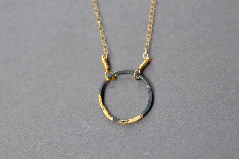 Steel and Gold Eternity Necklace black and gold dipped circle necklace layering necklace, karma necklace, minimalist necklace image 3