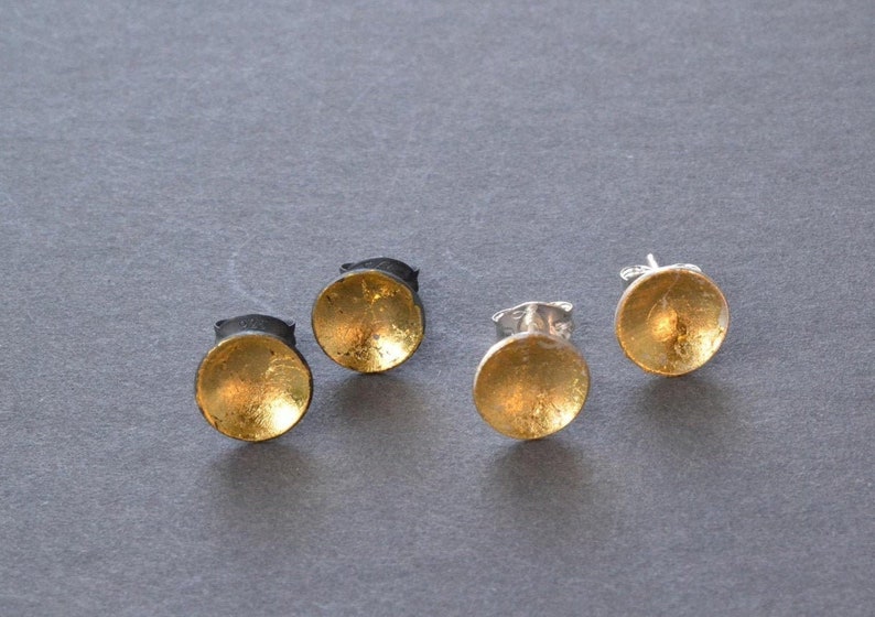 Silver and Gold Pool Studs small gold gilded disc earrings image 1