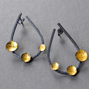 Gold Pool Open Teardrop Earrings Sterling silver and 23k gold contemporary statement earrings, post earrings, black and gold, oxidized image 8