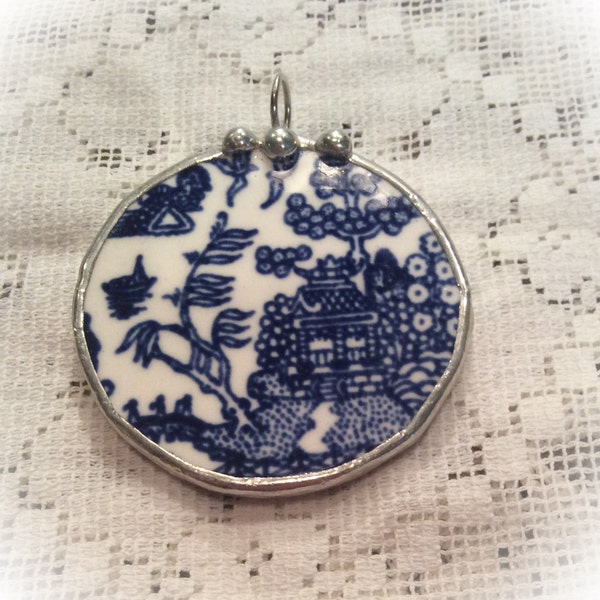 Broken china jewelry Blue Willow silver soldered pendant handmade one of a kind