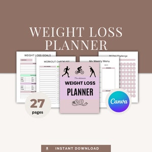 Gewichtsverliesplanner Afdrukbaar digitaal gewichtsverliesdagboek Gewichtsverliesvoortgangstracker PDF Voortgangsgrafiek gewichtsverlies Digitale gewoontetracker