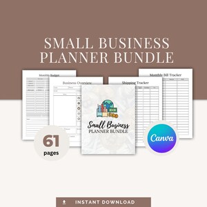 May include: A digital planner bundle for small businesses, featuring a monthly budget, business overview, shipping tracker, and monthly bill tracker. The bundle includes 61 pages and is available for instant download. The image features a colourful illustration of a globe, money, and a bar graph.