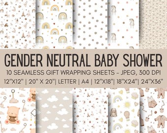 Genderneutrale afdrukbare cadeaupapier voor babyshower, beige cadeaupapier babyshower, beige kinderkamercadeaupapier, beige cadeaupapier pasgeboren baby