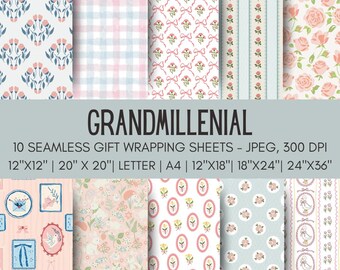 Grandmillennial Printable Gift Wrap, Blue Chinoiserie Floral Wrapping Paper, Vintage Preppy Gift Wrap DigitalDownload, Cottagecore Gift Wrap