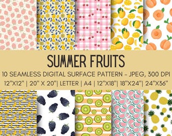 Summer Fruits Surface Pattern Collection, Strawberry Lemon Watermelon Seamless Patterns, Fruit Pattern Bundle for Packaging Design