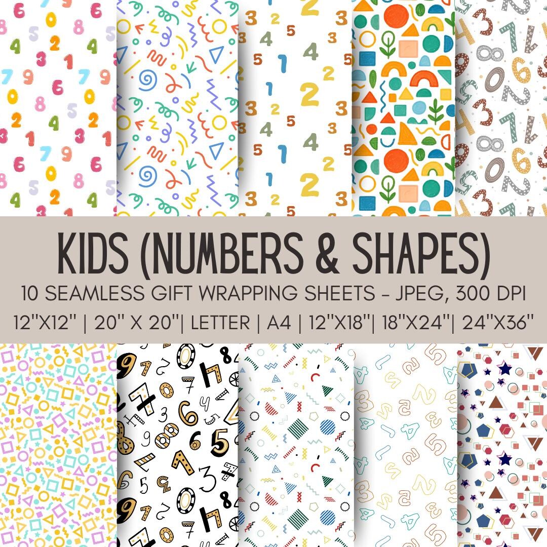 Number & Shape Printable Gift Wrap, Kids Educational Wrapping Paper ...