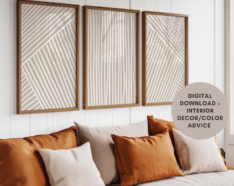 Neutral Abstract Line Art Set of 3 Prints, Beige Cream Canvas Print Set, Neutral Beige Gallery Wall Set, Beige Boho Wall Art, Neutral Prints