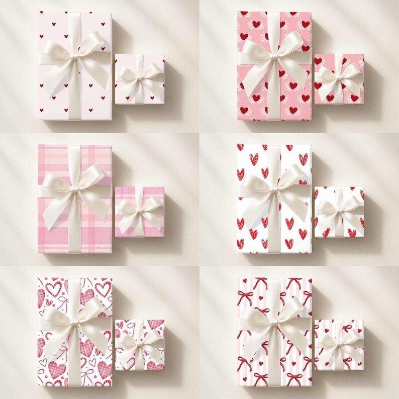May include: Six pairs of rectangular and square gift boxes wrapped in various pink, white, and red heart-patterned paper. Each box is tied with a wide, cream-colored satin ribbon bow. The patterns include small hearts, plaid, and bows.