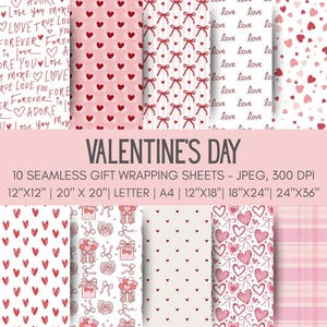 以下が含まれることがあります： バレンタインデーをテーマにしたギフトラッピングシートのコレクション。デザインには、ハート、リボン、赤とピンクの色合いの「love」と「adore」の文字パターンが含まれています。シートは、30.48cm x 30.48cmや50.8cm x 50.8cmなど、さまざまなサイズで利用できます。