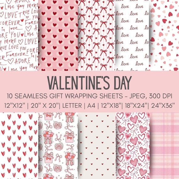 Valentine's Day Printable Gift Wrap, Romantic Anniversary & Engagement Gift Wrap, Valentine Day Wrapping Paper, Hearts Gift Wrap, Love Wrap