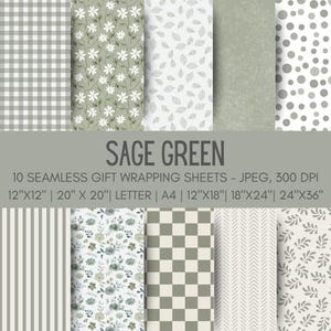 Puede incluir: Hojas de papel de regalo verde salvia con varios diseños, incluyendo cuadros, flores y hojas. El texto de la imagen dice "SAGE GREEN" y enumera tamaños en cm, como 30x30cm y 51x51cm.