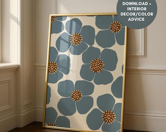 Blue Botanical Print, Blue Boho Floral Wall Art, Blue Cream & Brown Floral Wall Art, Abstract Blue Flower Painting, Blue Floral Illustration