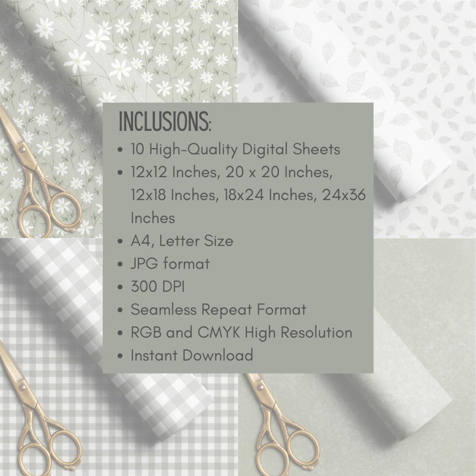 Pattern Dxl Sage Green Digital Paper Pack for Fabric Brand & English Cottage Home ...