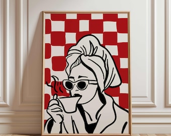 Lebhafte Retro Frau, die Kaffee schlürft, Wandkunst, rote und schwarze Frauenwandkunst, Frau, die eine Kaffeetassenwandkunst hält, helle u.mutige Frauenwandkunst